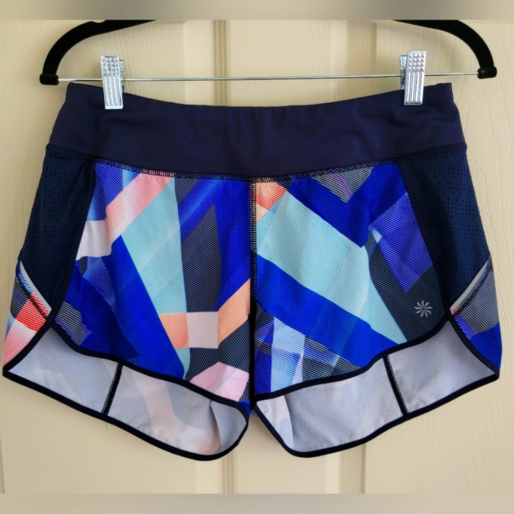 Athleta 'Ready Set Go' Blue Geometric Lined Running Shorts, Size Small